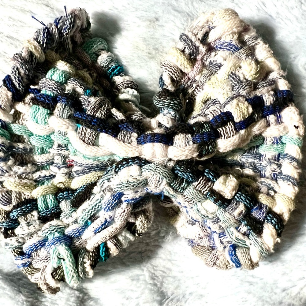 Pastel Blues LARGE Hand Woven Rag Style HAIR BOW on 4 inch French Barette